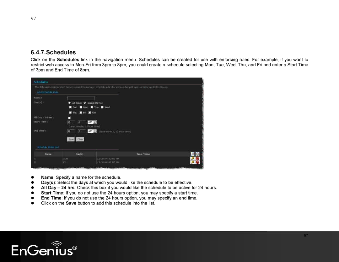 EnGenius Technologies ESR9855G manual Schedules 