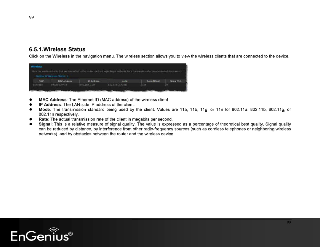 EnGenius Technologies ESR9855G manual Wireless Status 