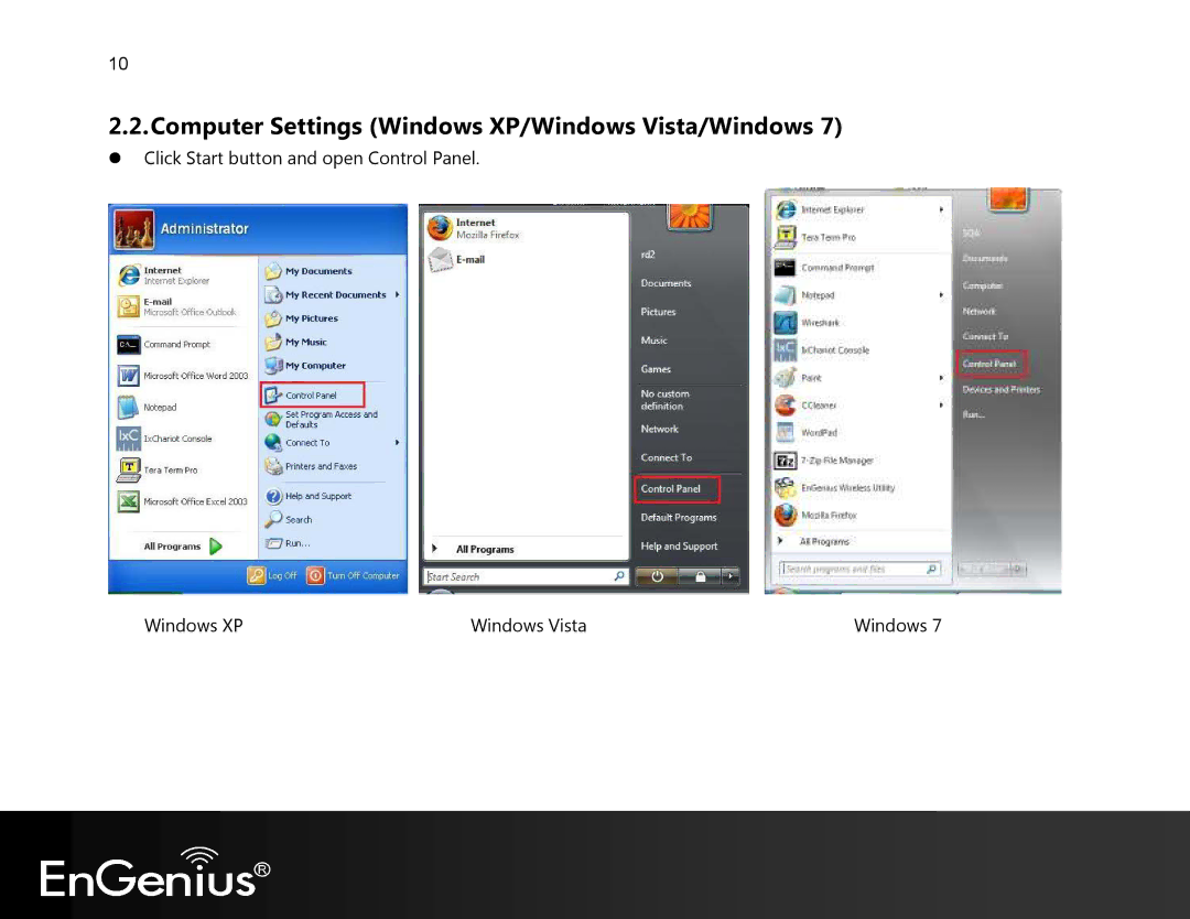 EnGenius Technologies EVR100 manual Computer Settings Windows XP/Windows Vista/Windows 