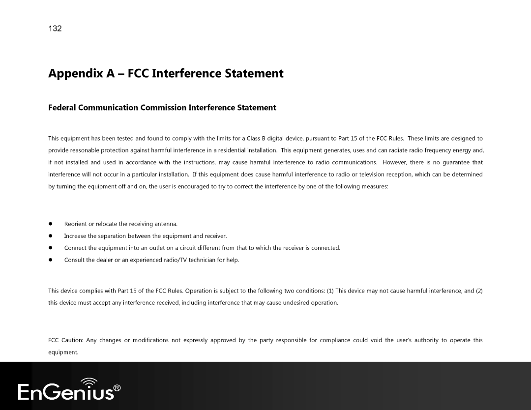 EnGenius Technologies EVR100 manual Appendix a FCC Interference Statement 