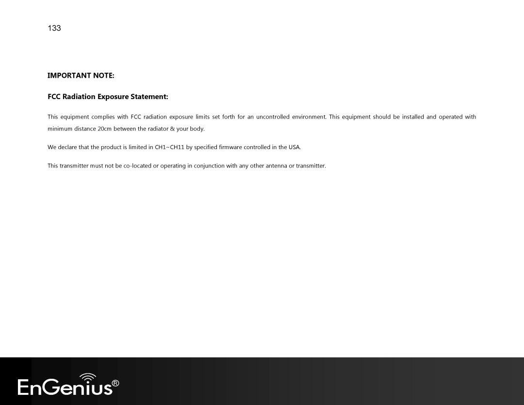 EnGenius Technologies EVR100 manual 133, FCC Radiation Exposure Statement 