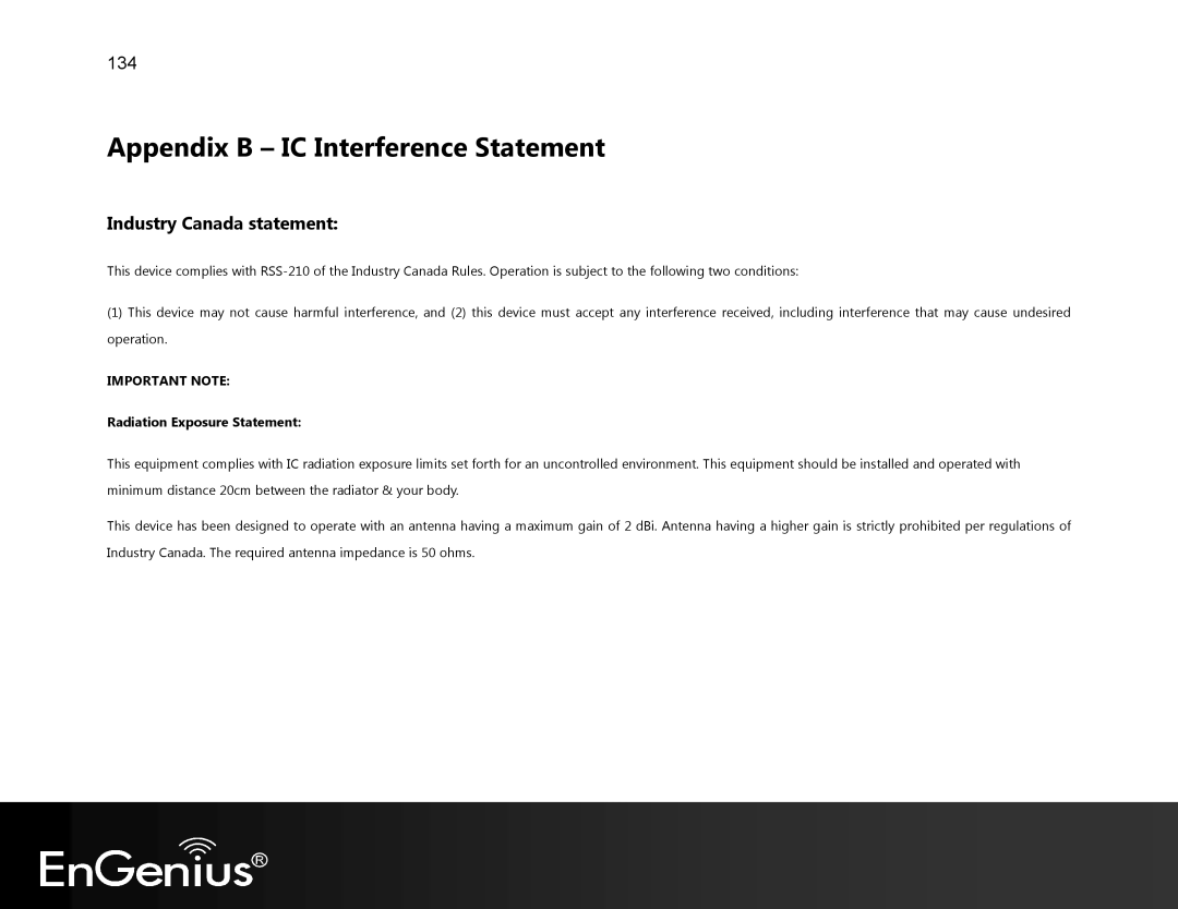 EnGenius Technologies EVR100 manual Appendix B IC Interference Statement, Industry Canada statement 