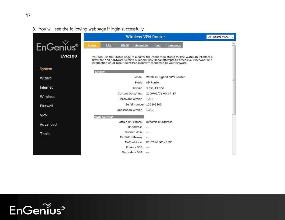 EnGenius Technologies EVR100 manual You will see the following webpage if login successfully 