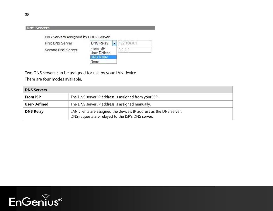 EnGenius Technologies EVR100 manual DNS Servers From ISP, User-Defined, DNS Relay 