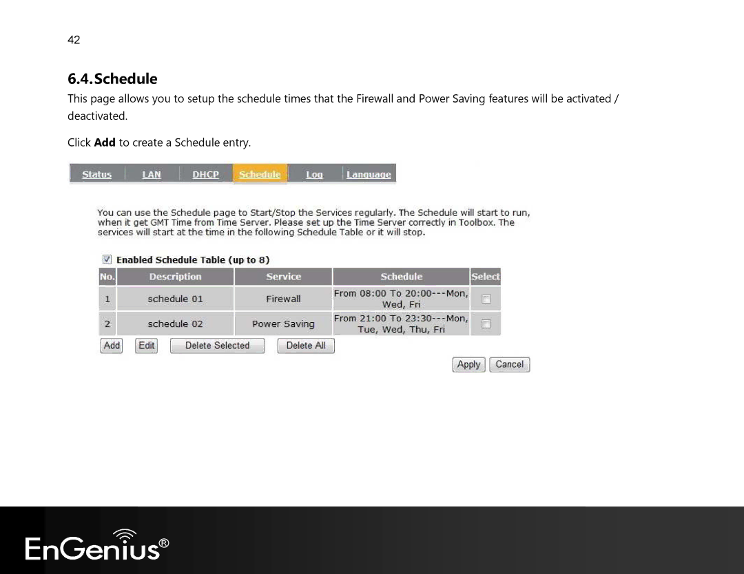 EnGenius Technologies EVR100 manual Schedule 