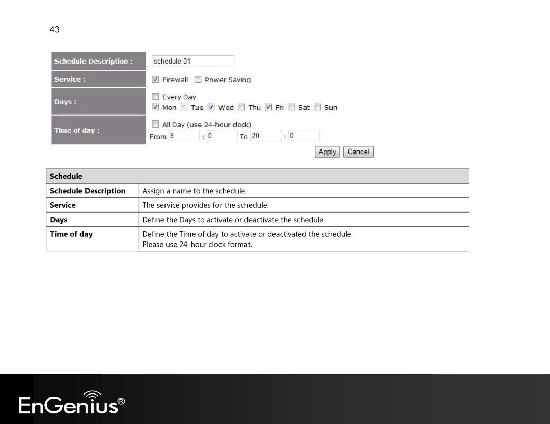 EnGenius Technologies EVR100 manual Schedule Schedule Description, Days, Time of day 