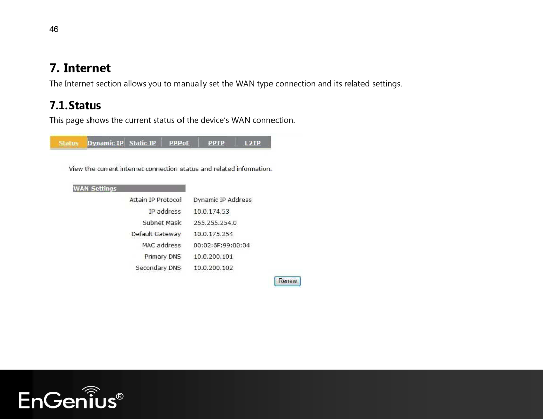 EnGenius Technologies EVR100 manual Internet, Status 