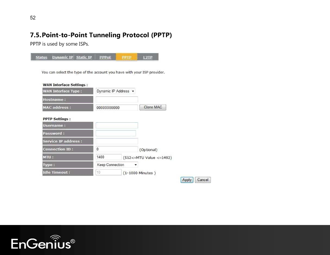 EnGenius Technologies EVR100 manual Point-to-Point Tunneling Protocol Pptp 