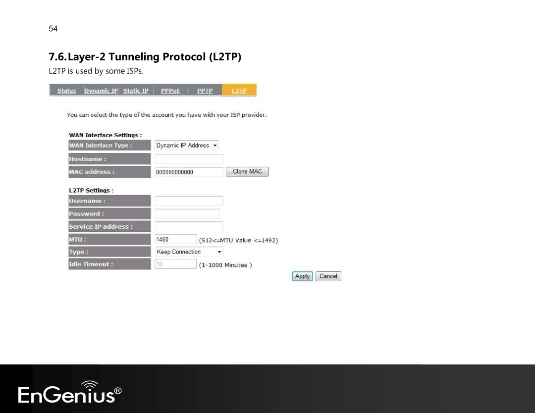 EnGenius Technologies EVR100 manual Layer-2 Tunneling Protocol L2TP 