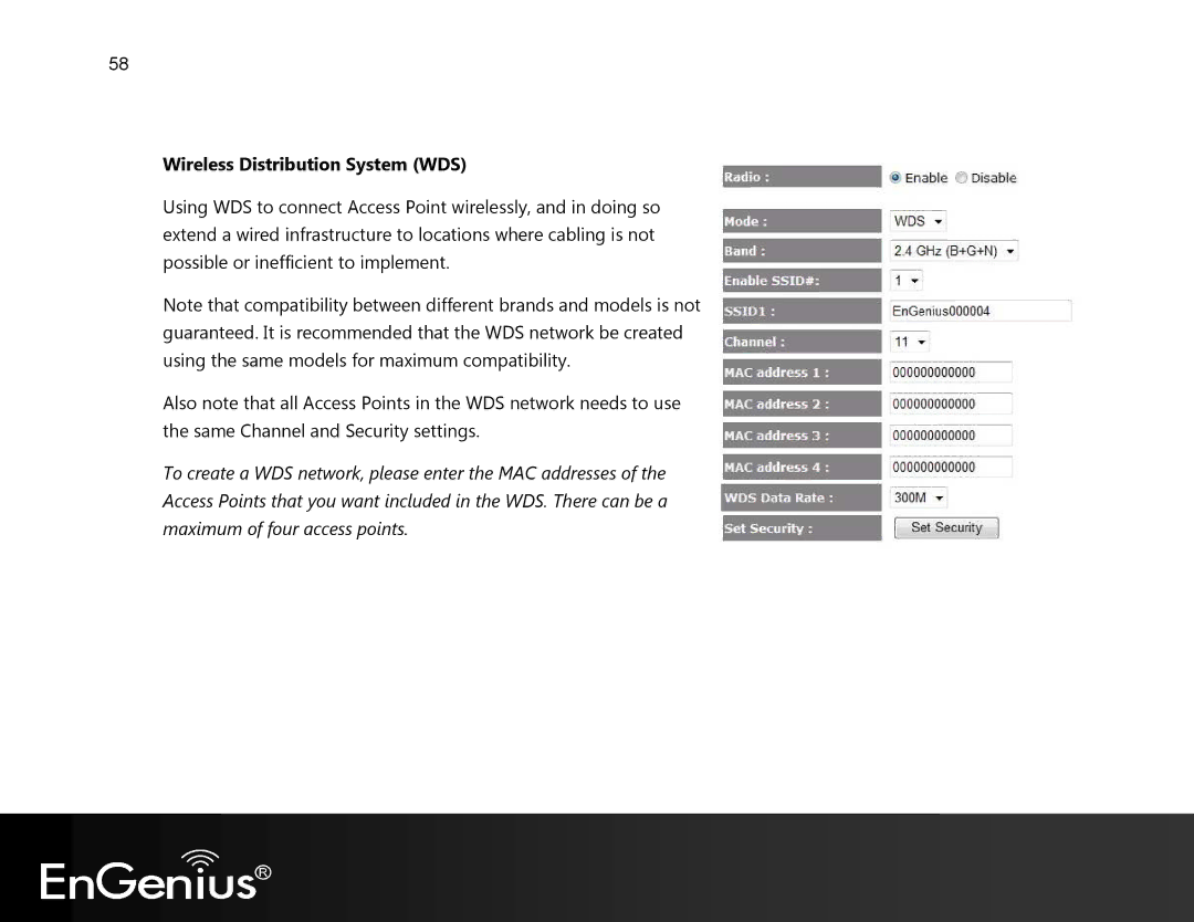 EnGenius Technologies EVR100 manual Wireless Distribution System WDS 