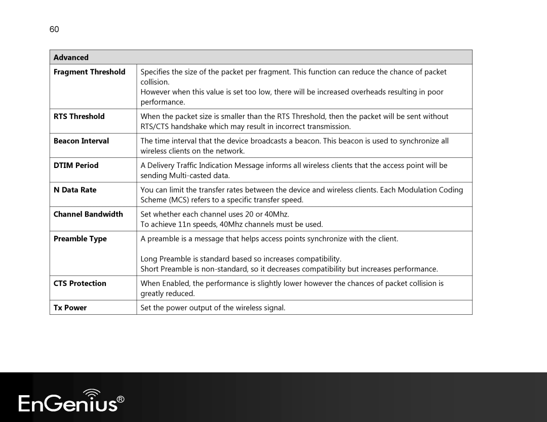 EnGenius Technologies EVR100 Advanced Fragment Threshold, RTS Threshold, Beacon Interval, Dtim Period, Data Rate, Tx Power 