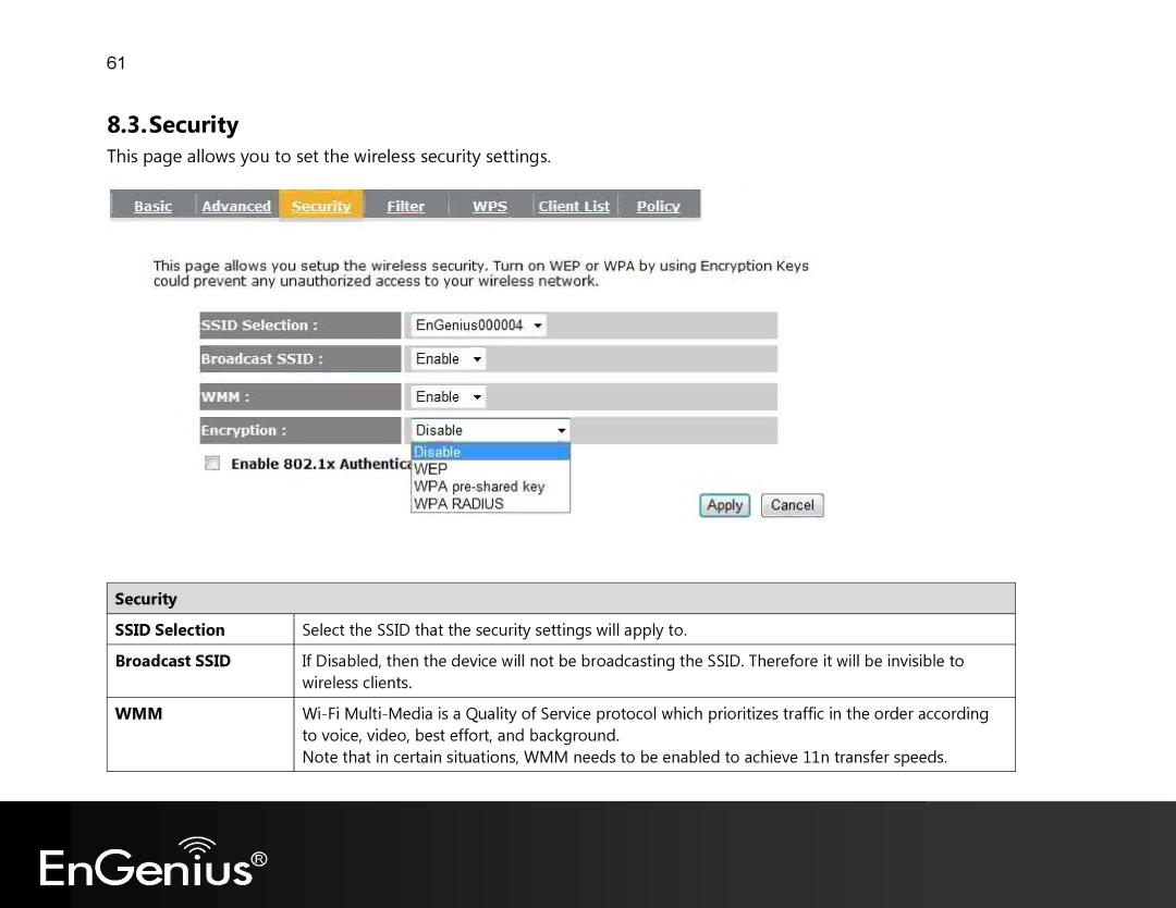 EnGenius Technologies EVR100 manual Security Ssid Selection, Broadcast Ssid 