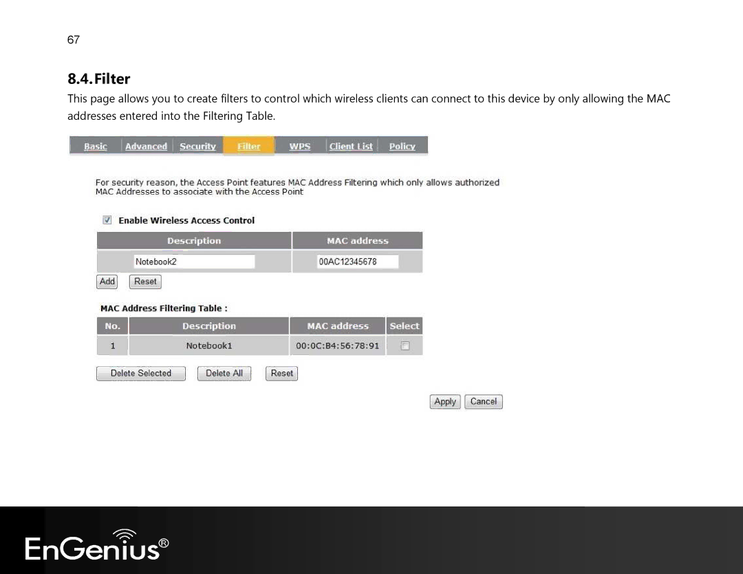 EnGenius Technologies EVR100 manual Filter 