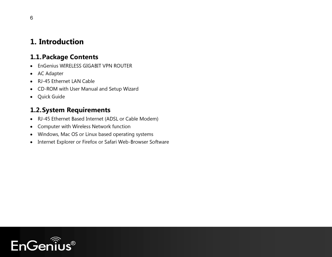 EnGenius Technologies EVR100 manual Introduction, Package Contents, System Requirements 