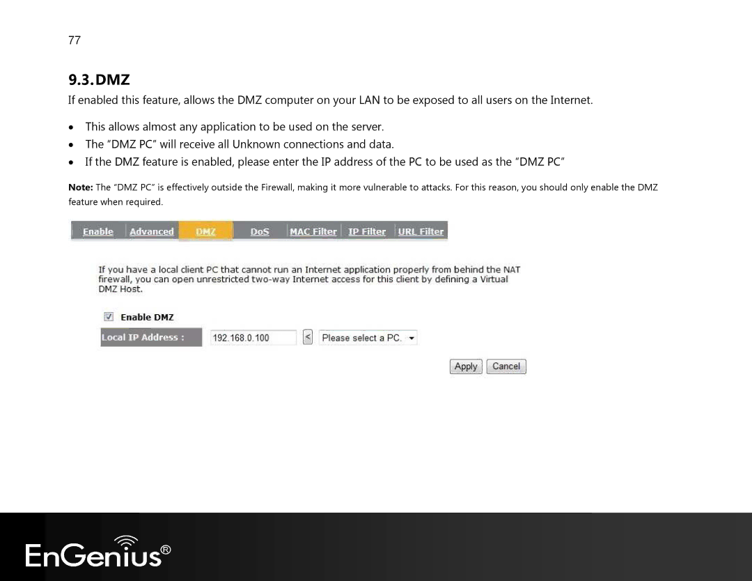 EnGenius Technologies EVR100 manual Dmz 