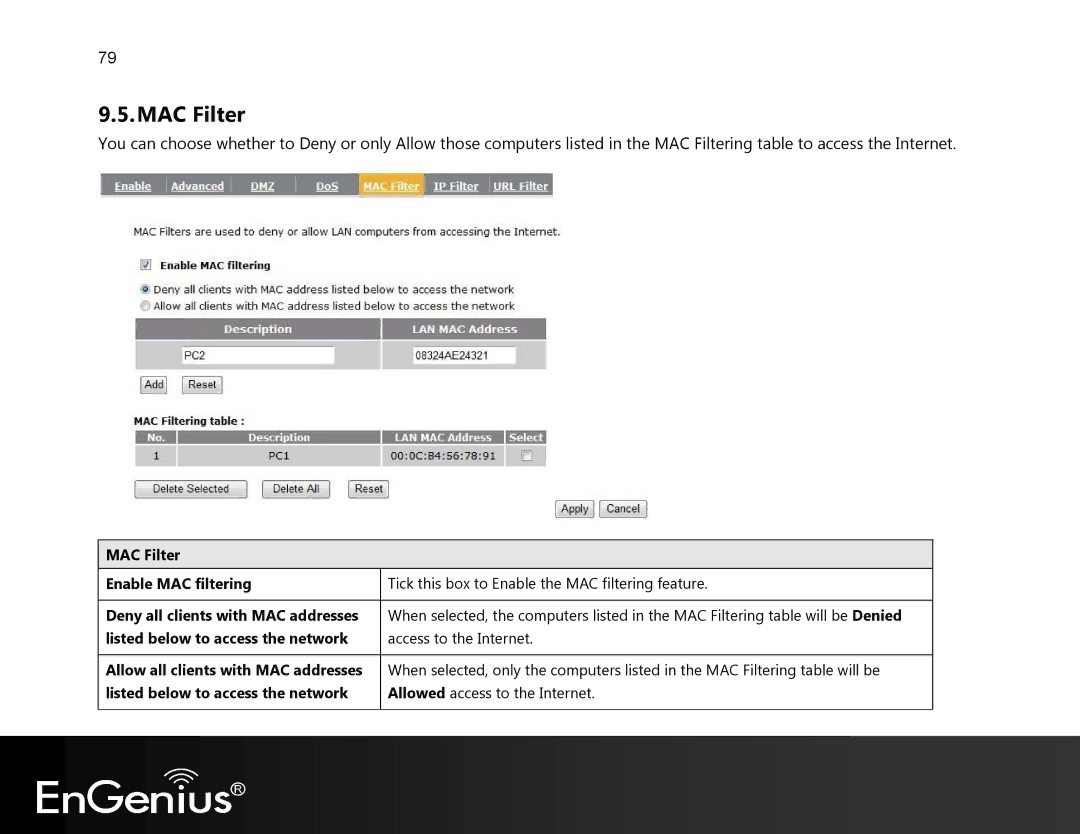 EnGenius Technologies EVR100 manual MAC Filter 