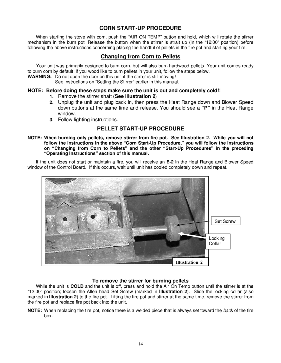 England's Stove Works 49-TRC22, 10-CDV, 49-SHC22 operation manual Corn START-UP Procedure, Pellet START-UP Procedure 