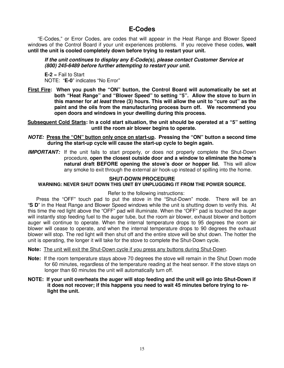 England's Stove Works 10-CDV, 49-SHC22, 49-TRC22 operation manual Codes, SHUT-DOWN Procedure 