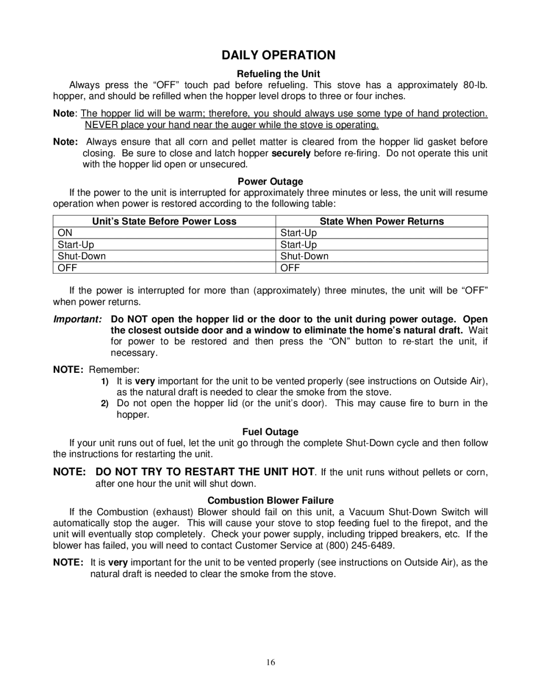 England's Stove Works 49-SHC22, 10-CDV, 49-TRC22 operation manual Daily Operation 