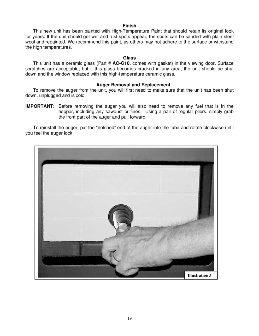 England's Stove Works 49-SHC22, 10-CDV, 49-TRC22 operation manual Finish, Glass, Auger Removal and Replacement 