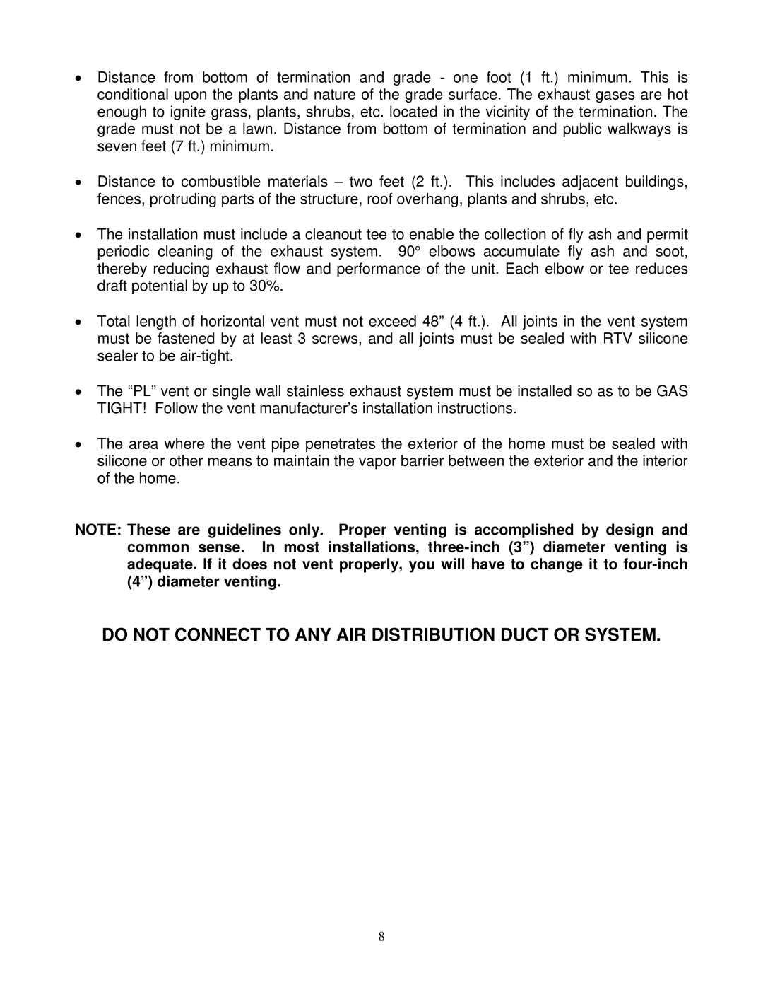 England's Stove Works 49-TRC22, 10-CDV, 49-SHC22 operation manual Do not Connect to ANY AIR Distribution Duct or System 