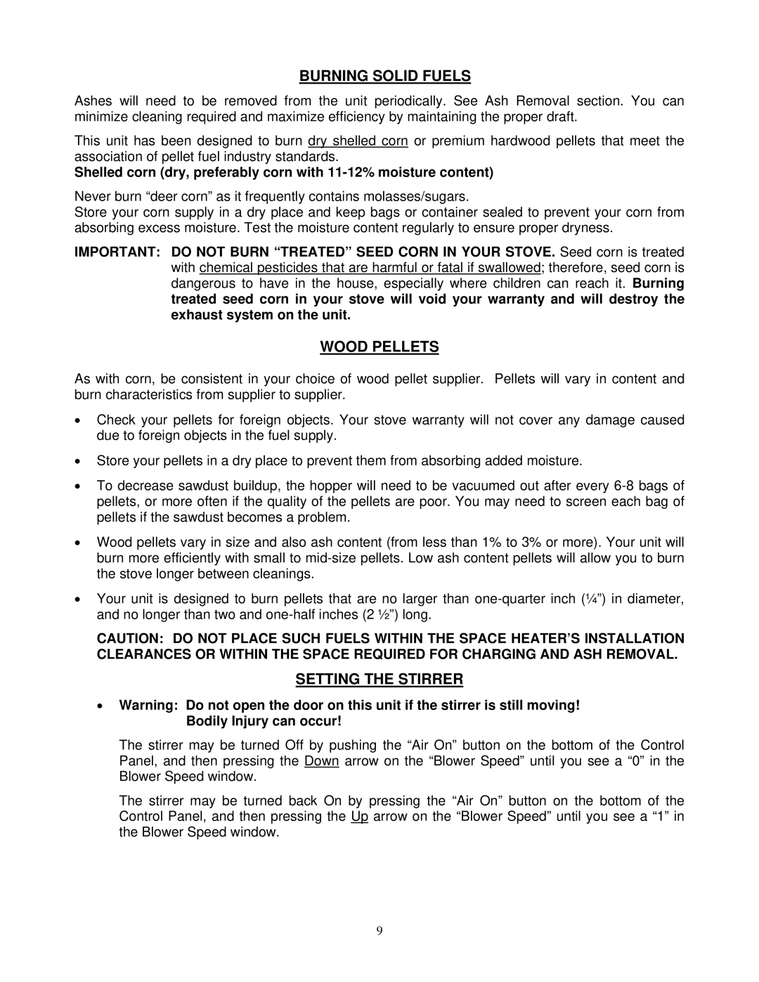 England's Stove Works 10-CDV, 49-SHC22, 49-TRC22 operation manual Burning Solid Fuels, Wood Pellets, Setting the Stirrer 