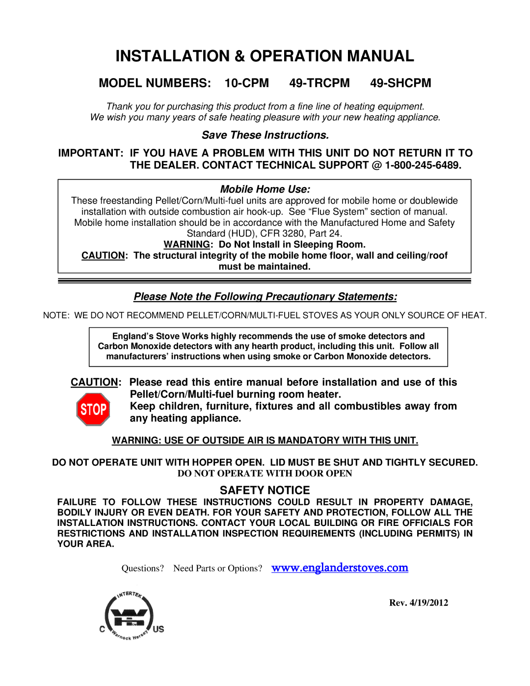 England's Stove Works 40-TRCPM, 49-SCHPM operation manual Model Numbers 10-CPM 49-TRCPM 49-SHCPM, Must be maintained 