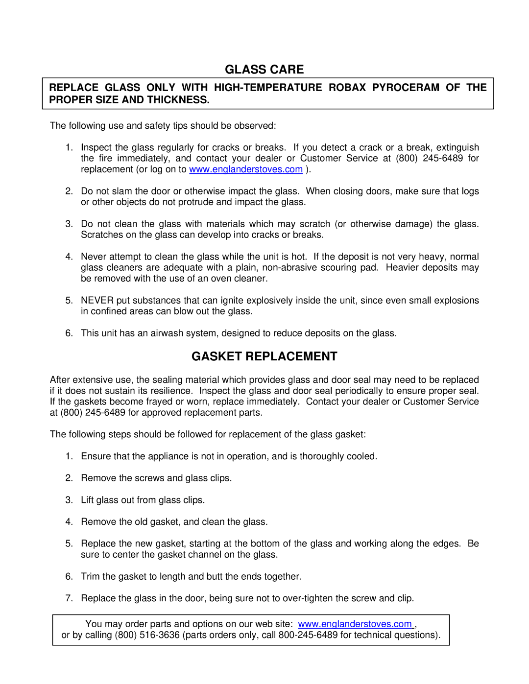 England's Stove Works 13-NCL 50-SNC13L 50-TNC13L, 13-NCG 50-SNC13G 50-TNC13G operation manual Glass Care, Gasket Replacement 