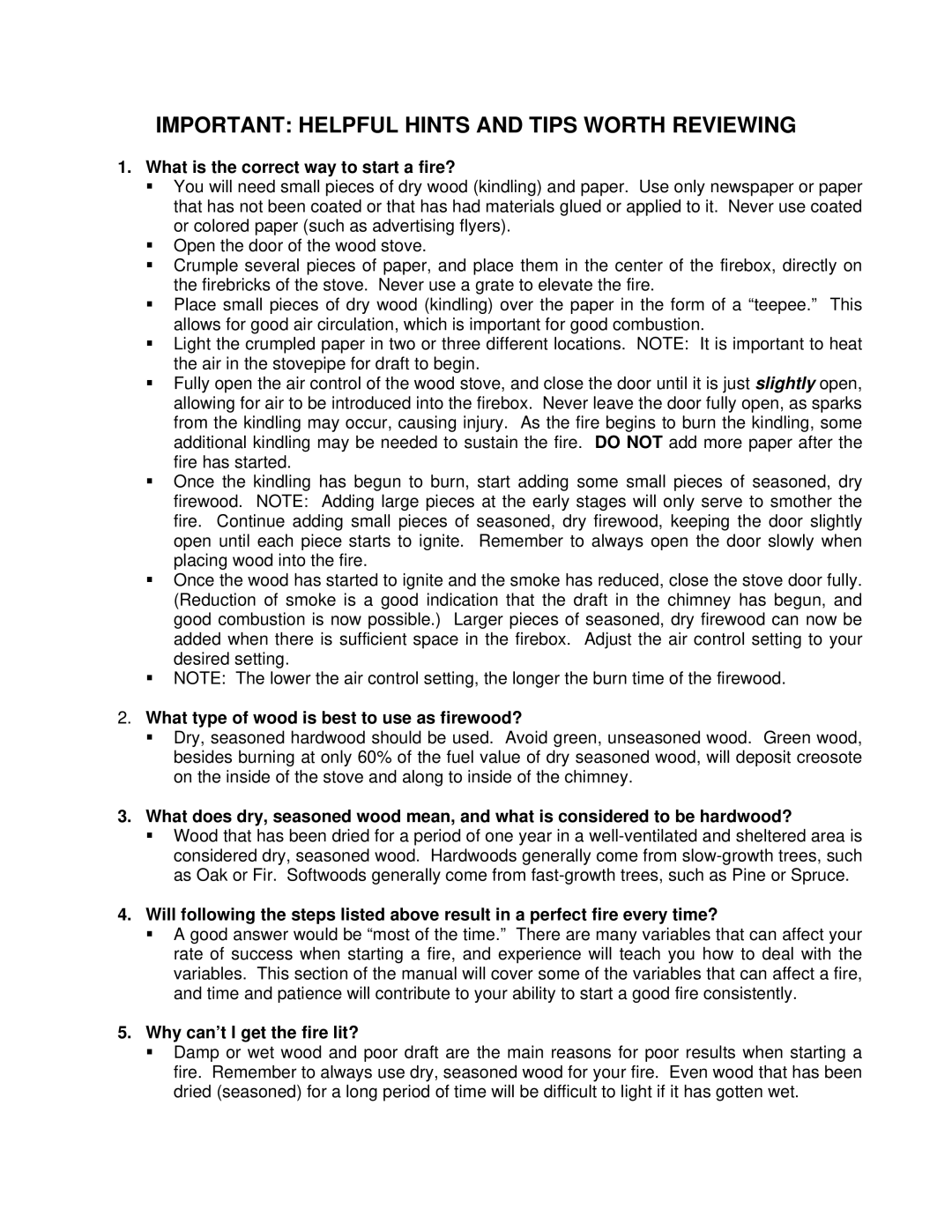 England's Stove Works 13-NCL 50-SNC13L 50-TNC13L operation manual Important Helpful Hints and Tips Worth Reviewing 