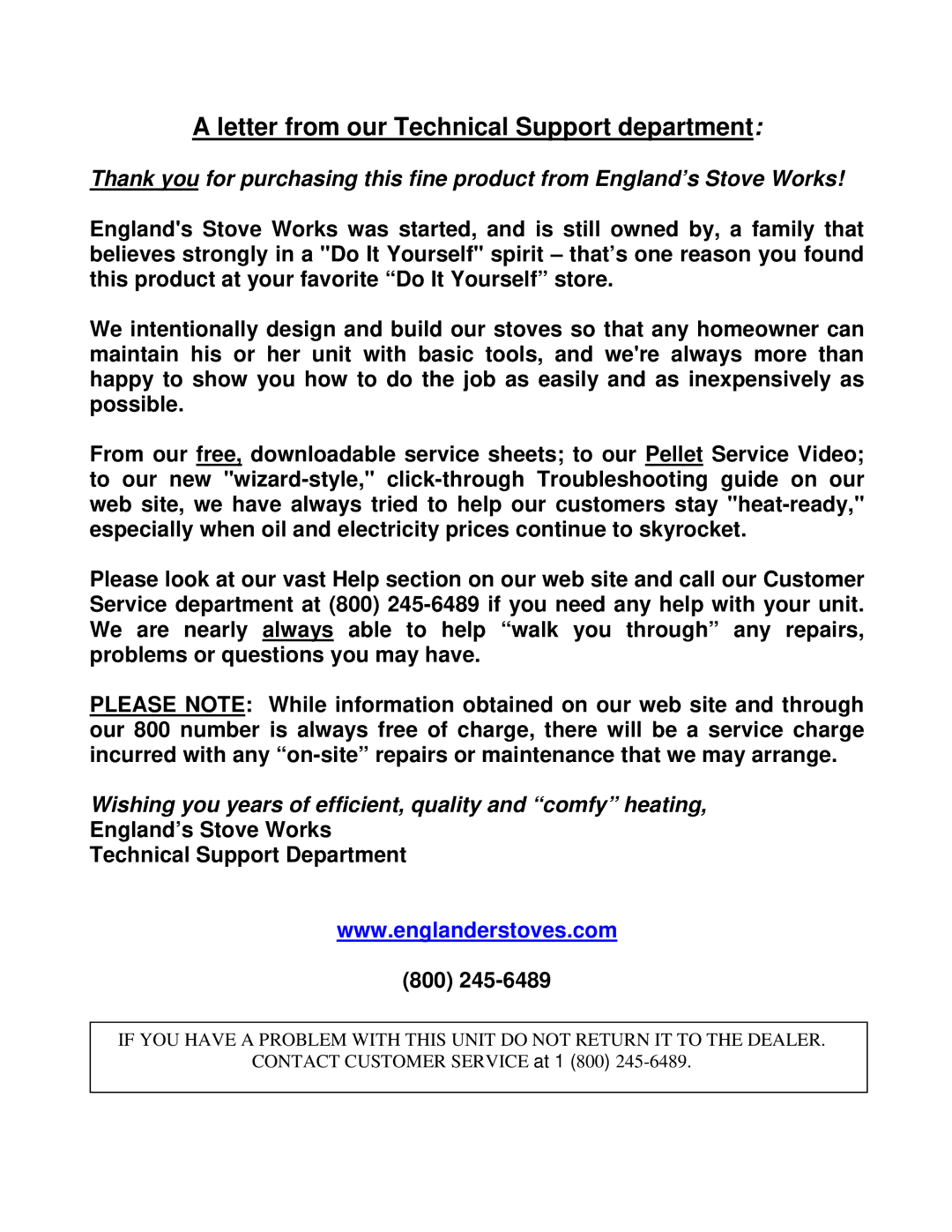 England's Stove Works 13-NCL 50-SNC13L 50-TNC13L, 13-NCG 50-SNC13G 50-TNC13G Letter from our Technical Support department 