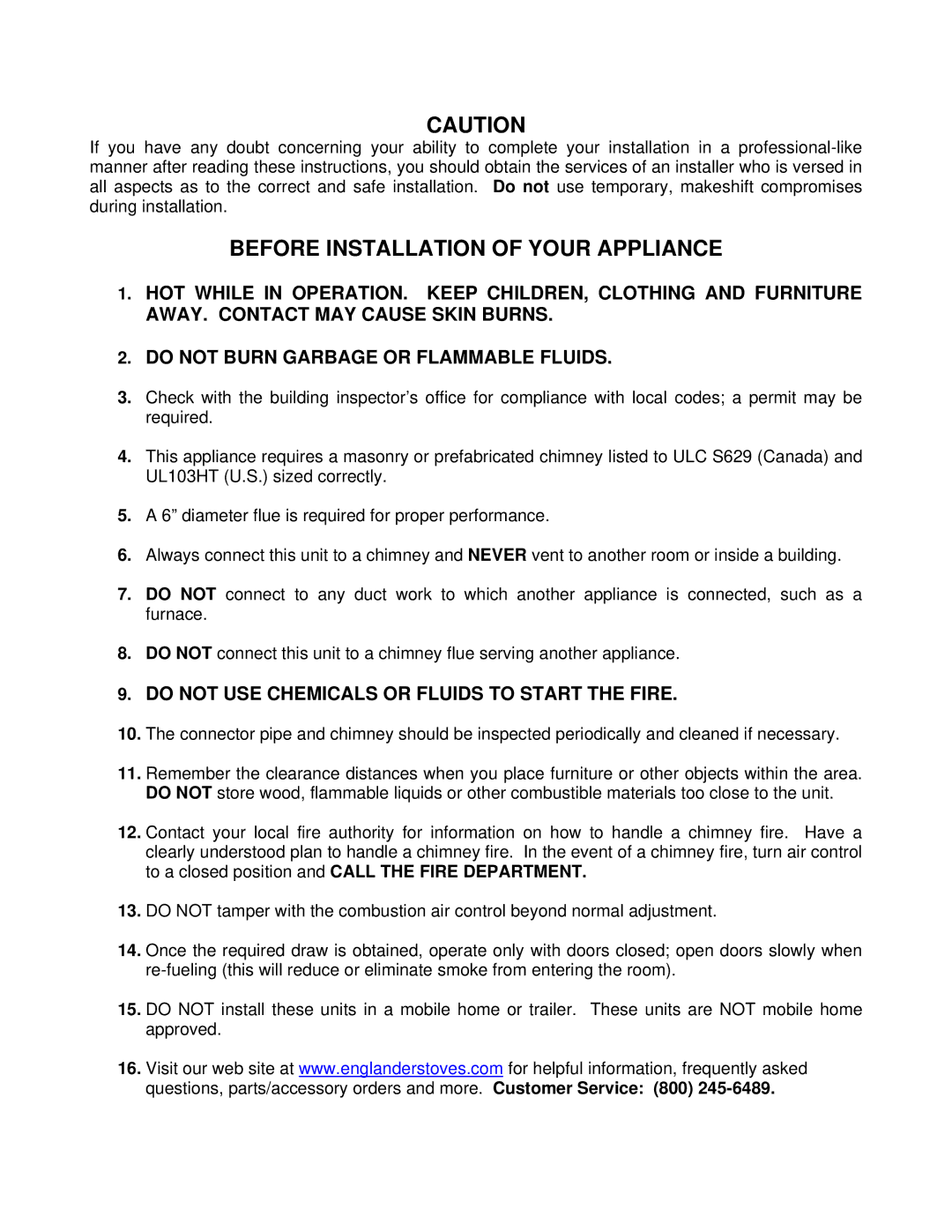 England's Stove Works 13-NCP 50-SNC13P 50-TNC13P, 13-NCG 50-SNC13G 50-TNC13G Before Installation of Your Appliance 