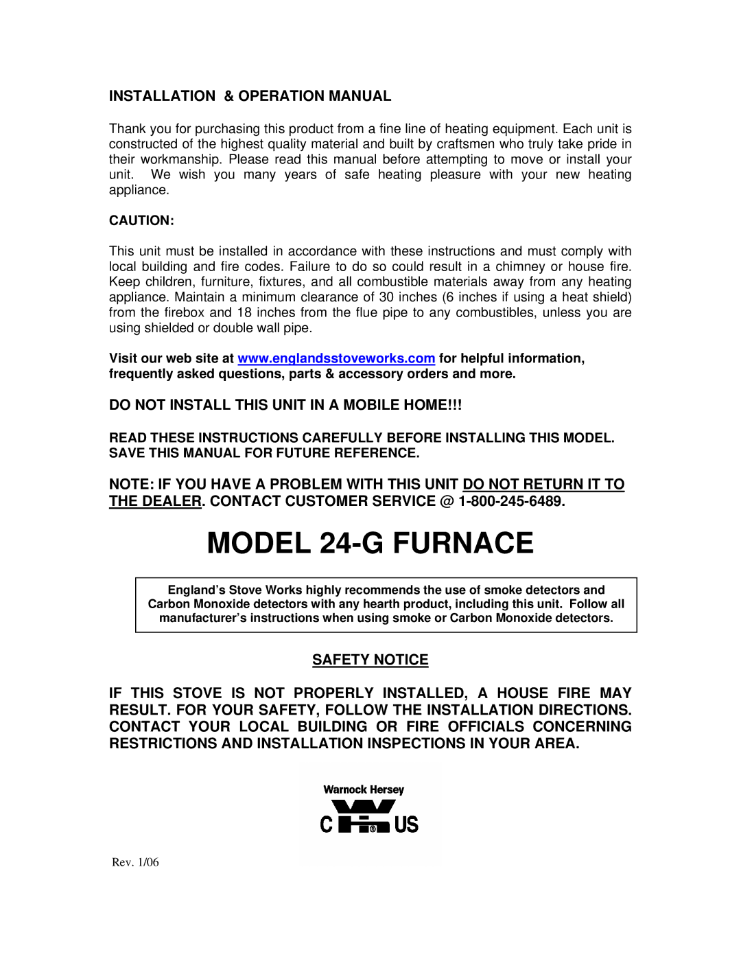 England's Stove Works operation manual Model 24-G Furnace, Do not Install this Unit in a Mobile Home 