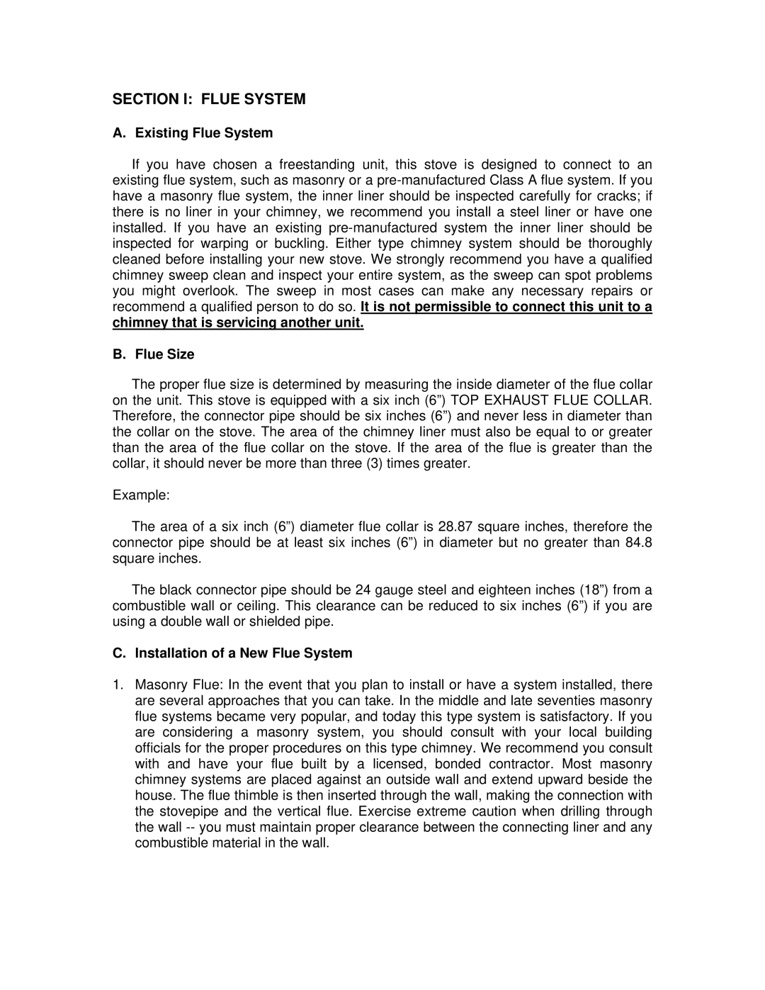 England's Stove Works 24-G Section I Flue System, Existing Flue System, Flue Size, Installation of a New Flue System 