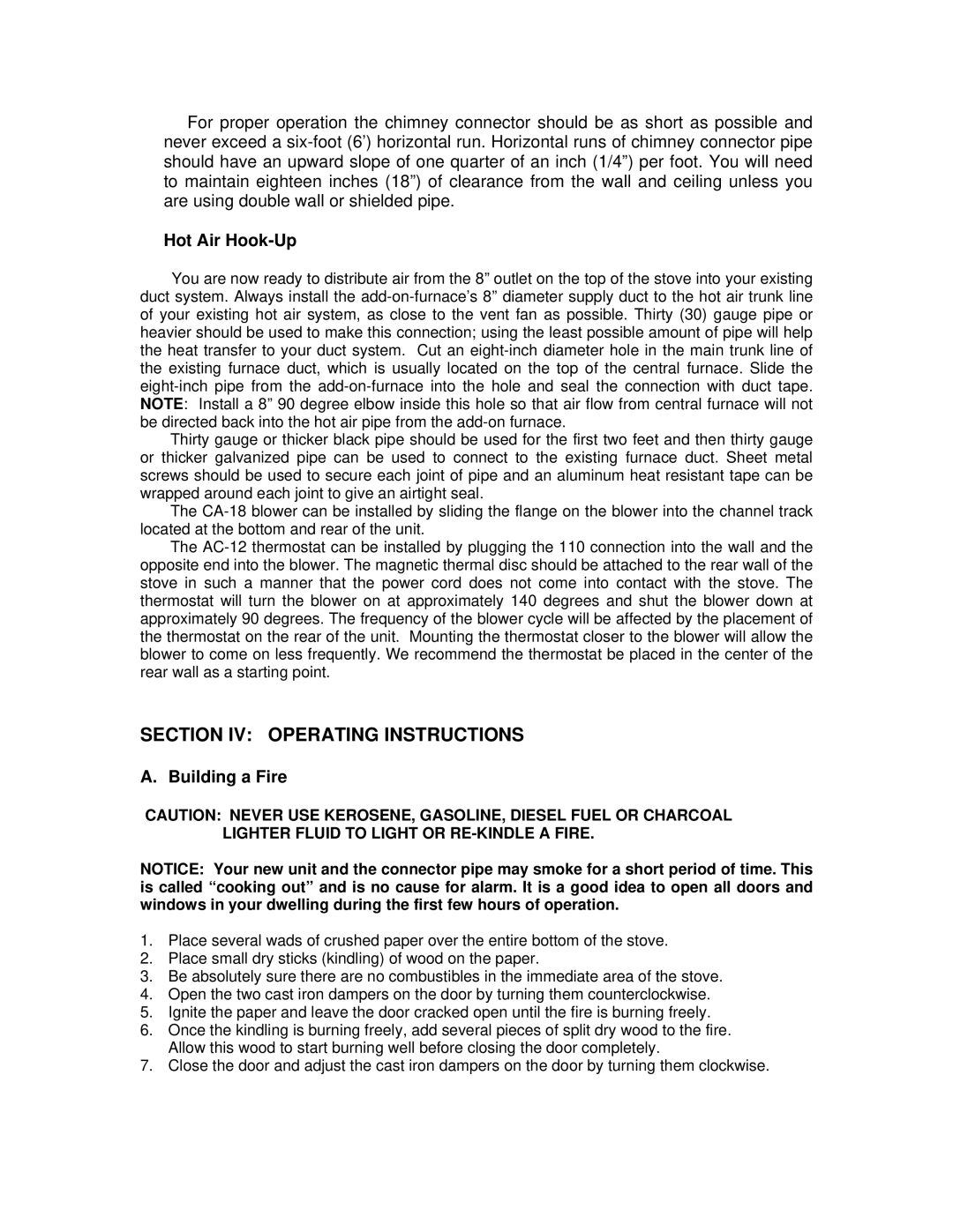 England's Stove Works 24-G operation manual Section IV Operating Instructions, Hot Air Hook-Up, Building a Fire 