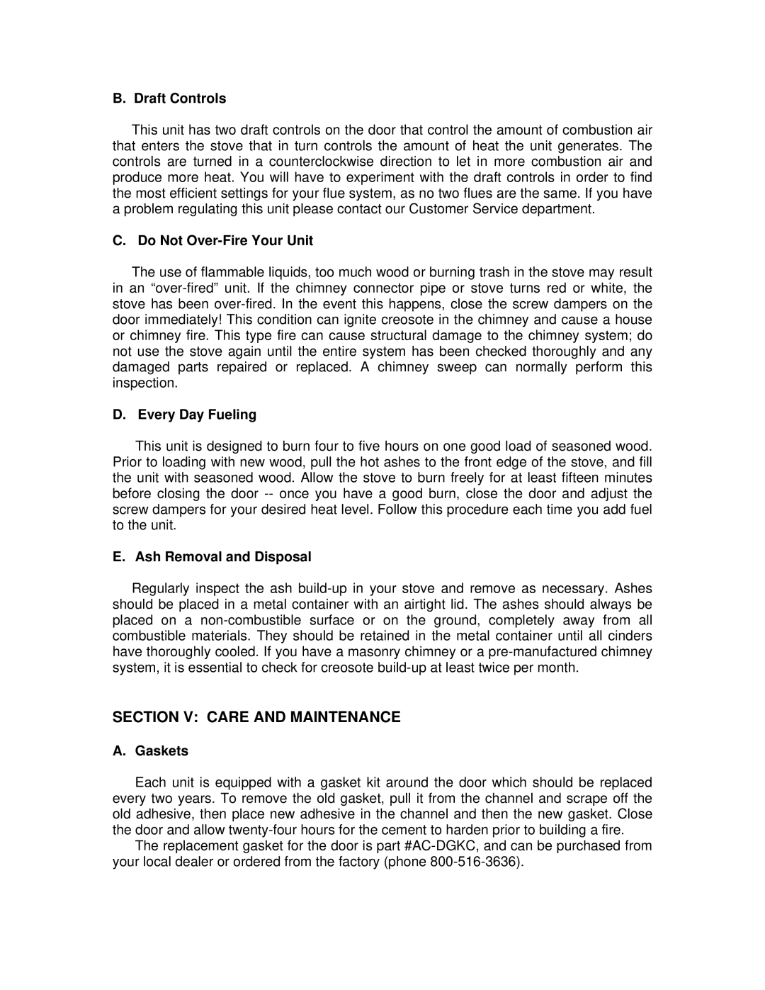 England's Stove Works 24-G operation manual Section V Care and Maintenance 