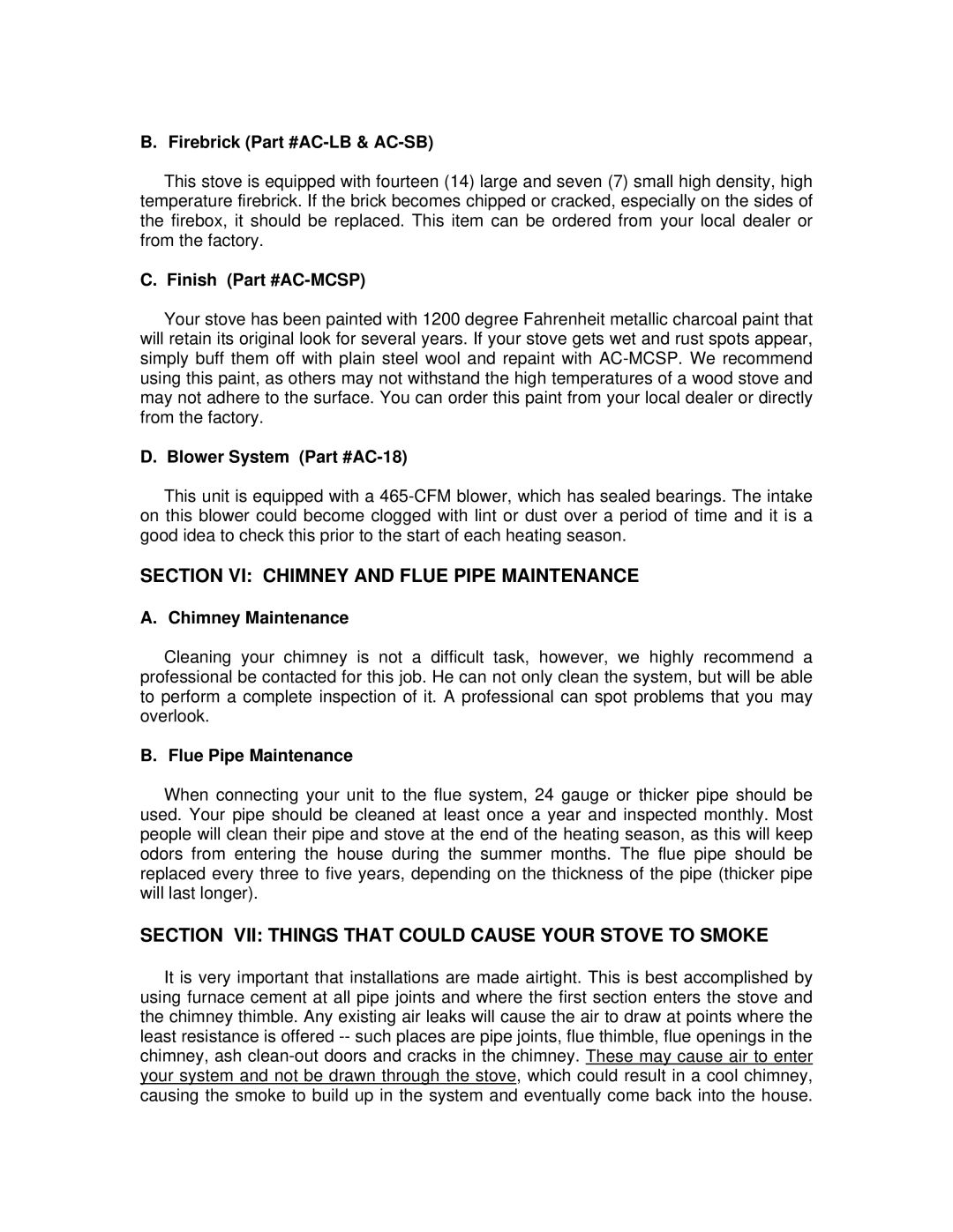 England's Stove Works 24-G operation manual Section VI Chimney and Flue Pipe Maintenance 