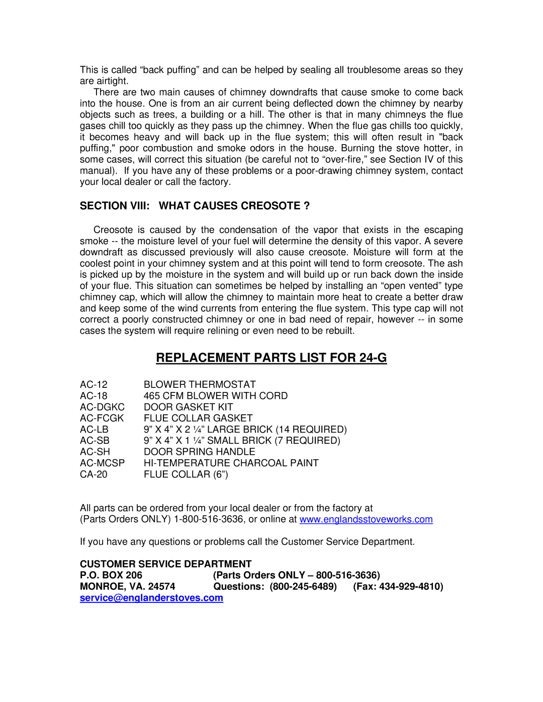 England's Stove Works 24-G operation manual Section Viii What Causes Creosote ? 