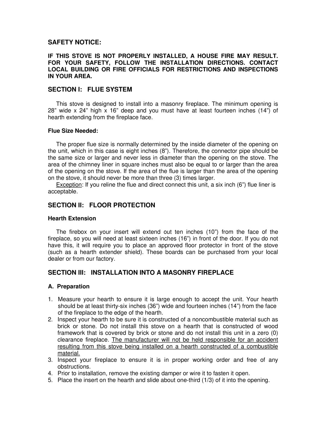 England's Stove Works 50-TRW20, 24-JC, 50-SHW20 Safety Notice, Section I Flue System, Section II Floor Protection 