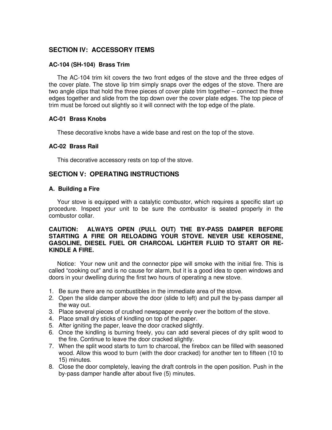 England's Stove Works 50-SHW20, 24-JC, 50-TRW20 operation manual Section IV Accessory Items, Section V Operating Instructions 