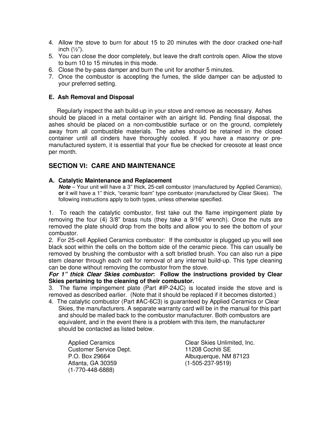 England's Stove Works 24-JC, 50-SHW20, 50-TRW20 operation manual Section VI Care and Maintenance, Ash Removal and Disposal 