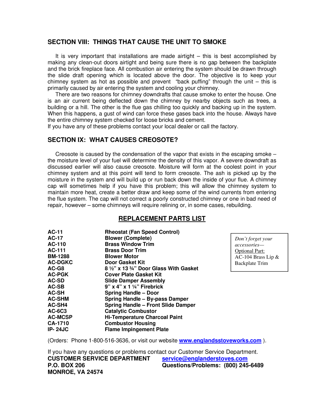 England's Stove Works 50-TRW20, 24-JC Section Viii Things That Cause the Unit to Smoke, Section IX What Causes CREOSOTE? 