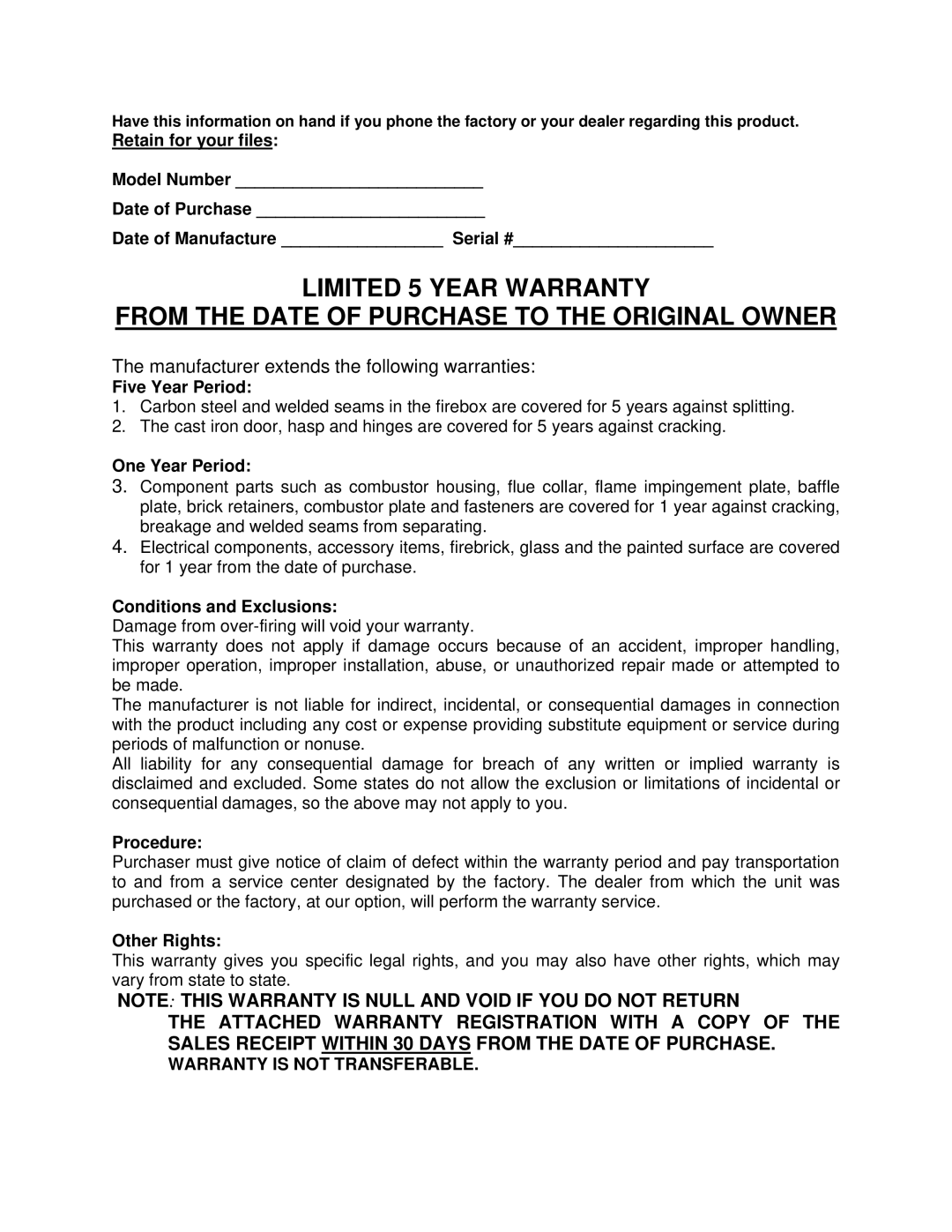 England's Stove Works 24-JC Five Year Period, One Year Period, Conditions and Exclusions, Procedure, Other Rights 