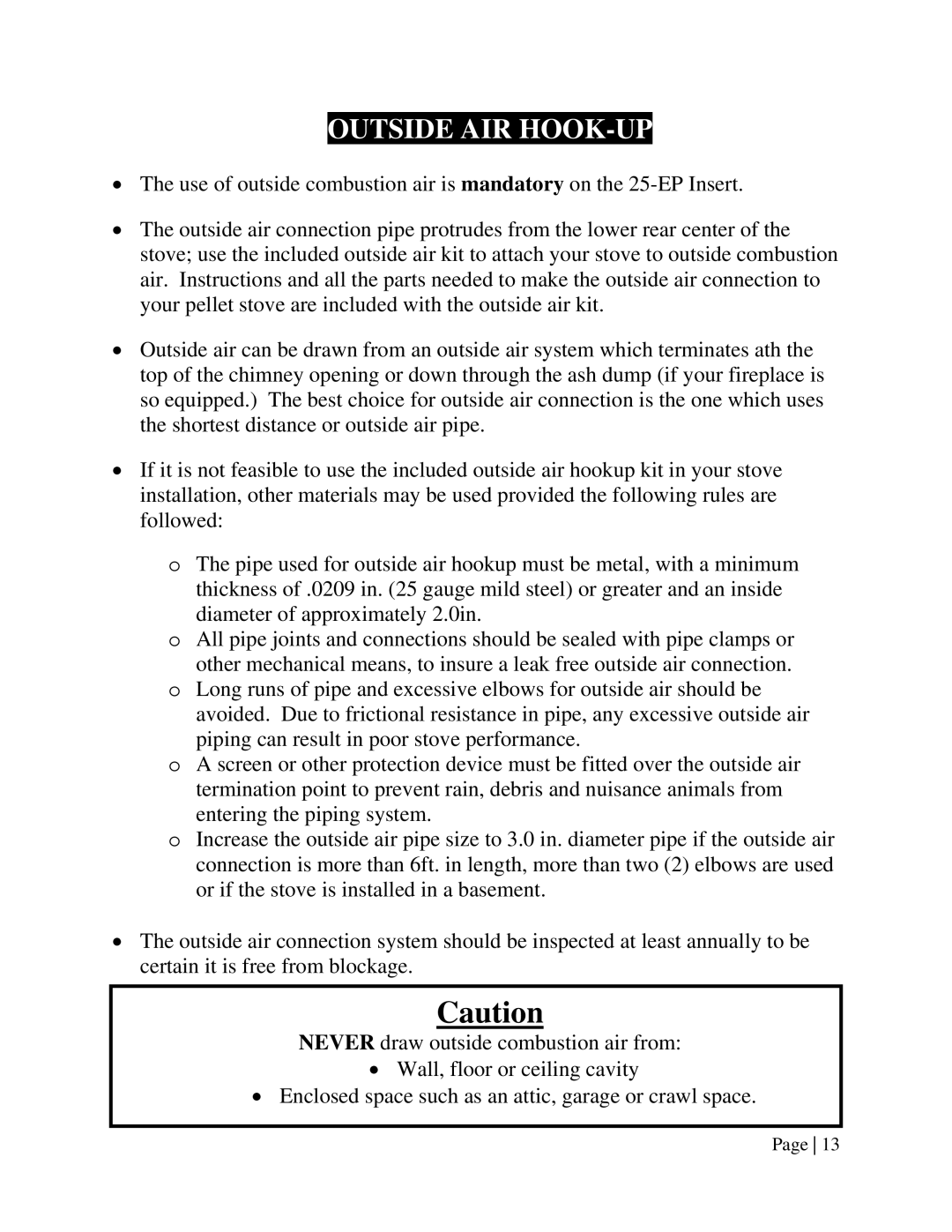 England's Stove Works 25-EPI operation manual Outside AIR HOOK-UP 