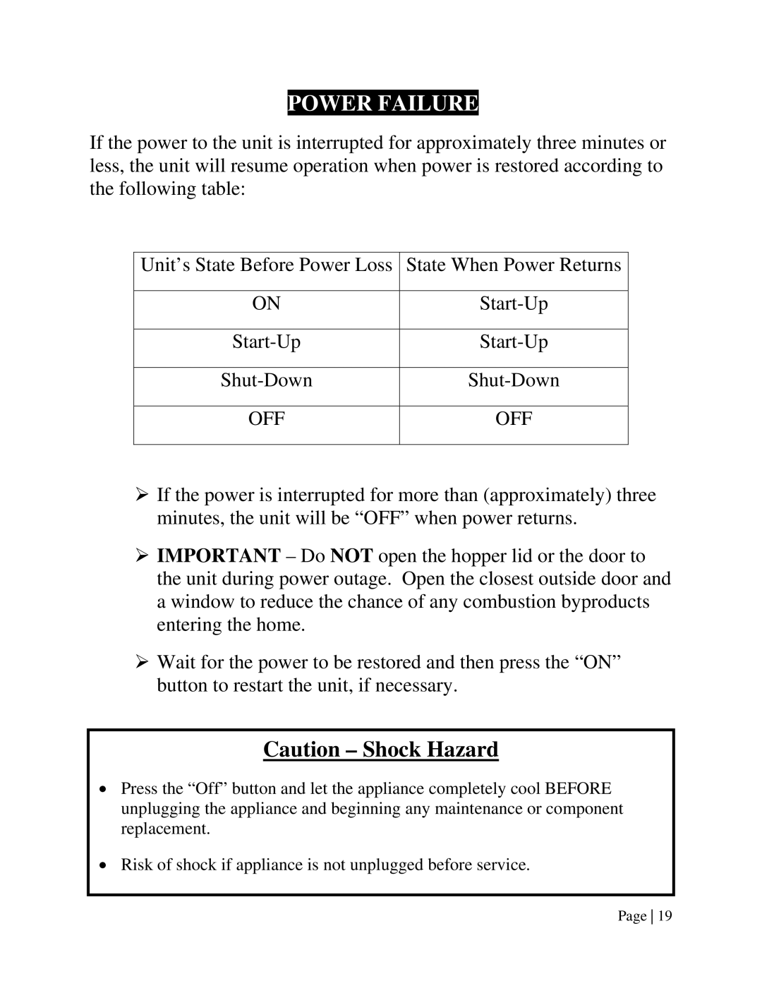 England's Stove Works 25-EPI operation manual Power Failure, Off 