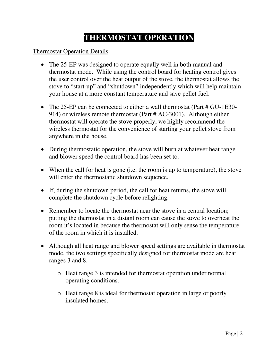 England's Stove Works 25-EPI operation manual Thermostat Operation 