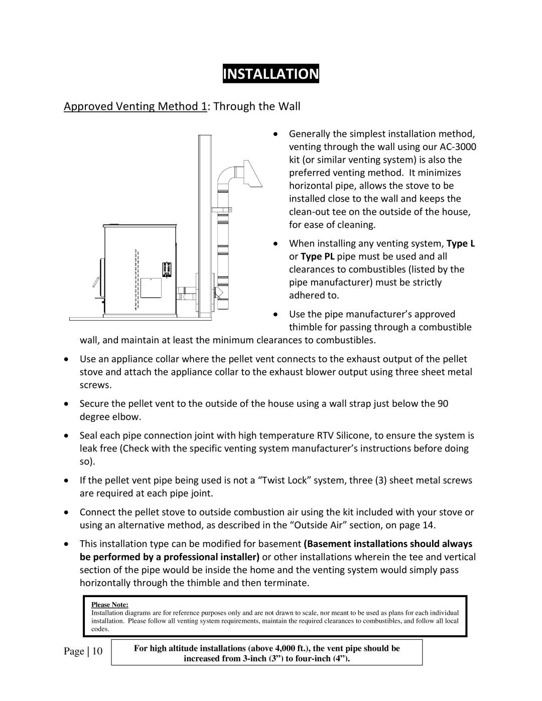 England's Stove Works 55SHPAH, 25PAH, 55TRPAH manual Approved Venting Method 1 Through the Wall, Please Note 