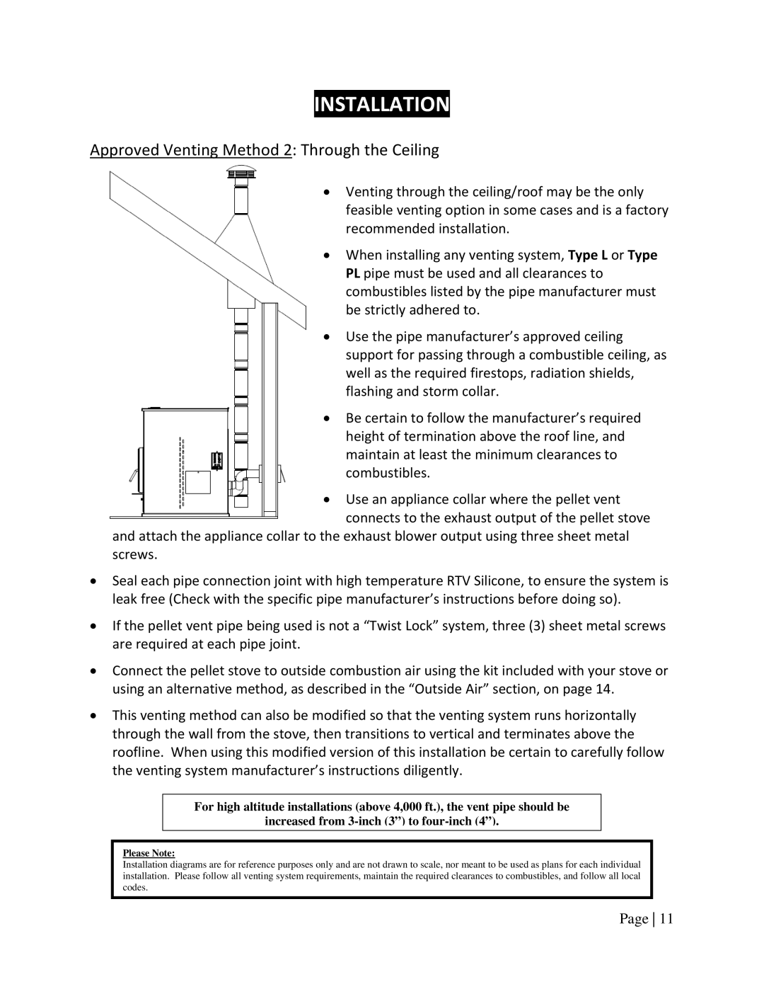 England's Stove Works 55TRPAH, 25PAH, 55SHPAH manual Approved Venting Method 2 Through the Ceiling 