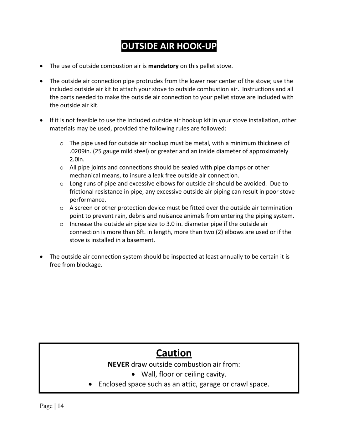 England's Stove Works 55TRPAH, 25PAH, 55SHPAH manual Outside AIR HOOK‐UP 