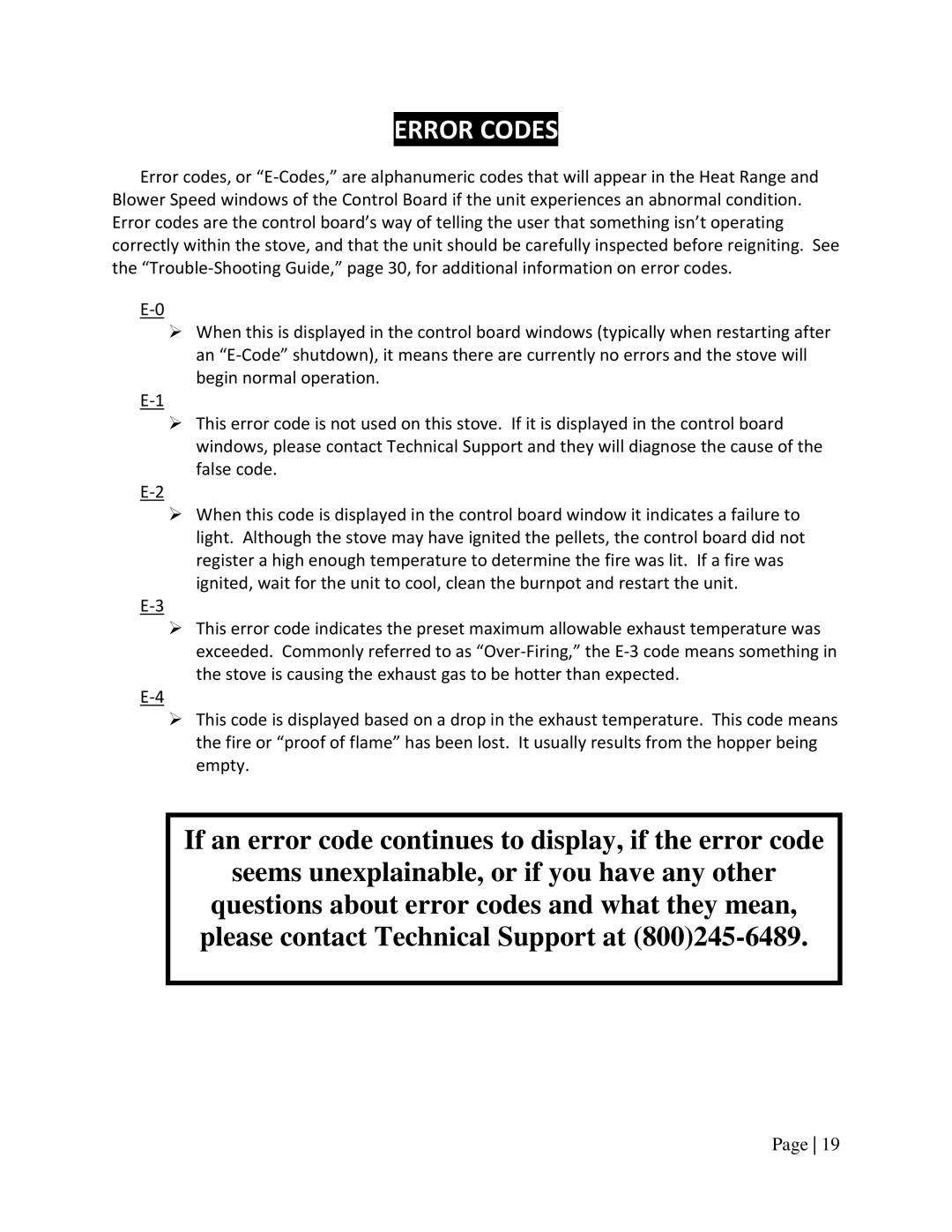 England's Stove Works 55SHPAH, 25PAH, 55TRPAH manual Error Codes 