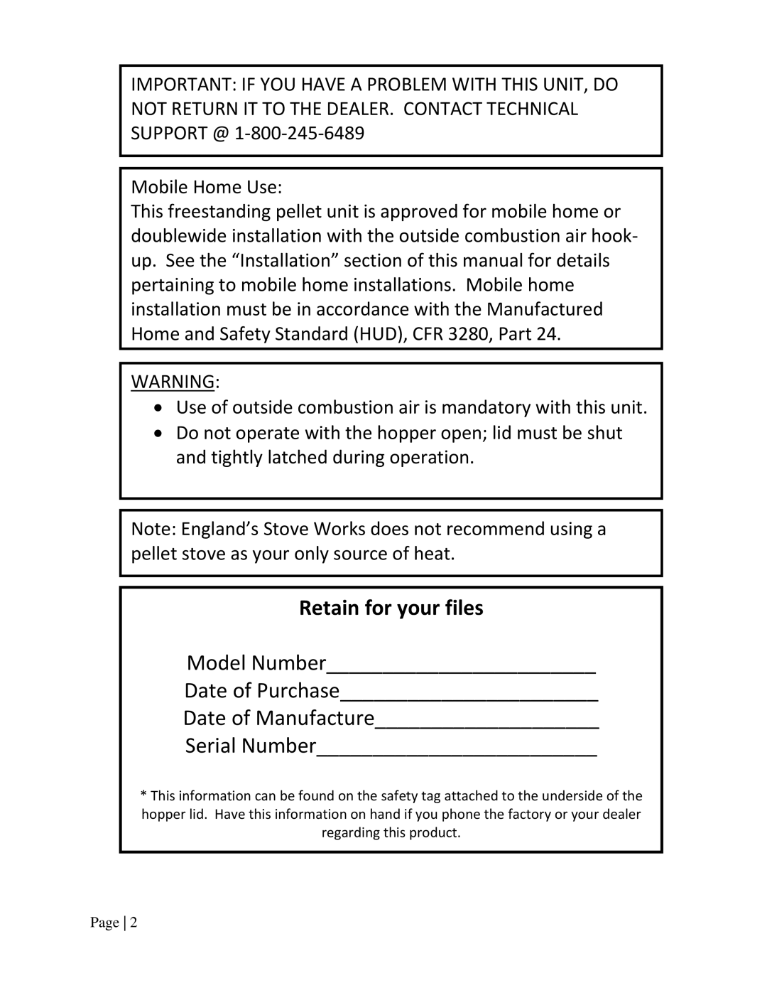 England's Stove Works 55TRPAH, 25PAH, 55SHPAH manual Retain for your files 